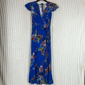 Band Of Gypsies blue Floral Ruffled faux Wrap Front midi dress M